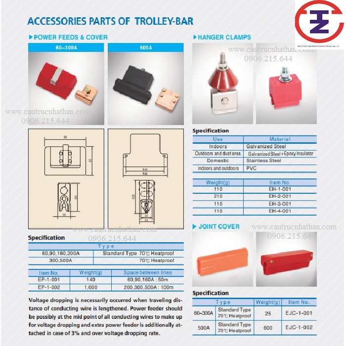 Kẹp treo ray cầu trục 1 pha trolley bar